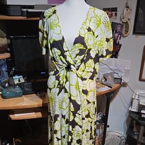 Twist-Front Floral Midi Dress in Lime and White With Tie Backs